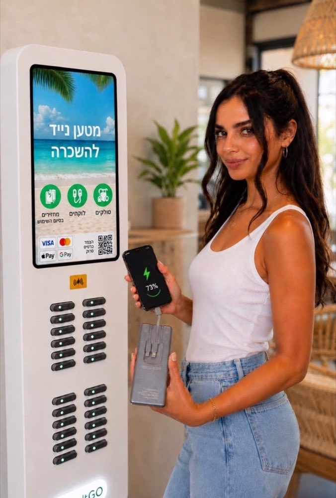 לקוחה מחזיקה מטען נייד של VoltGo וטלפון שנטען, לצד עמדת טעינה בבית עסק